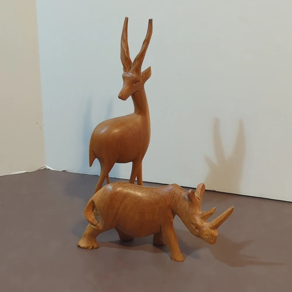 Hand carved wooden pair rhino antelope gazelle deer statue set of 2